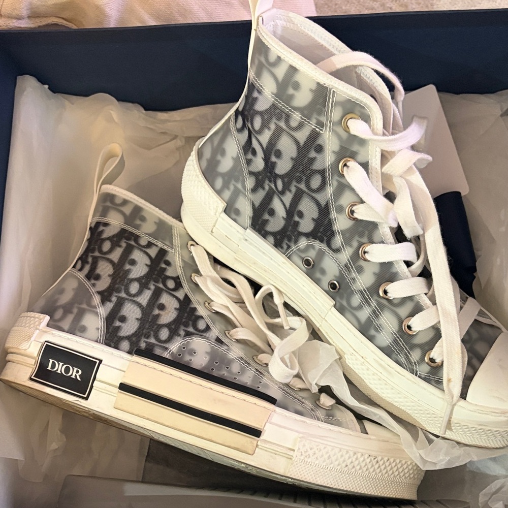 Dior Gray and White Oblique High-Top Sneakers